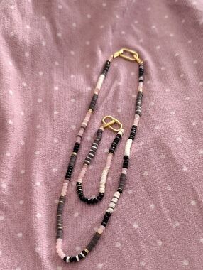 Beaded Pink, Gray & Black Necklace with Gold Clasp